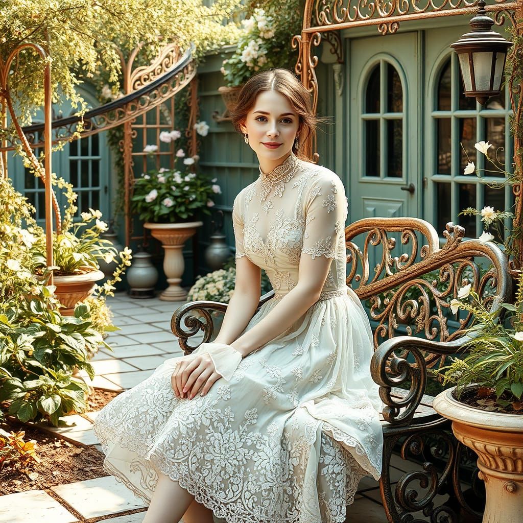 Victorian Garden with Woman in Shabby Chic Style