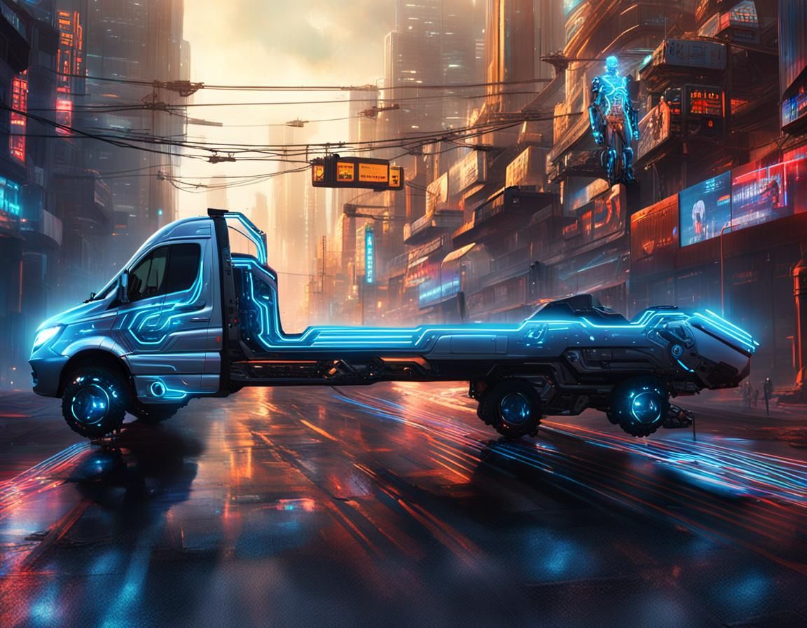 Robotic Mercedes Sprinter in Cyberpunk Armor