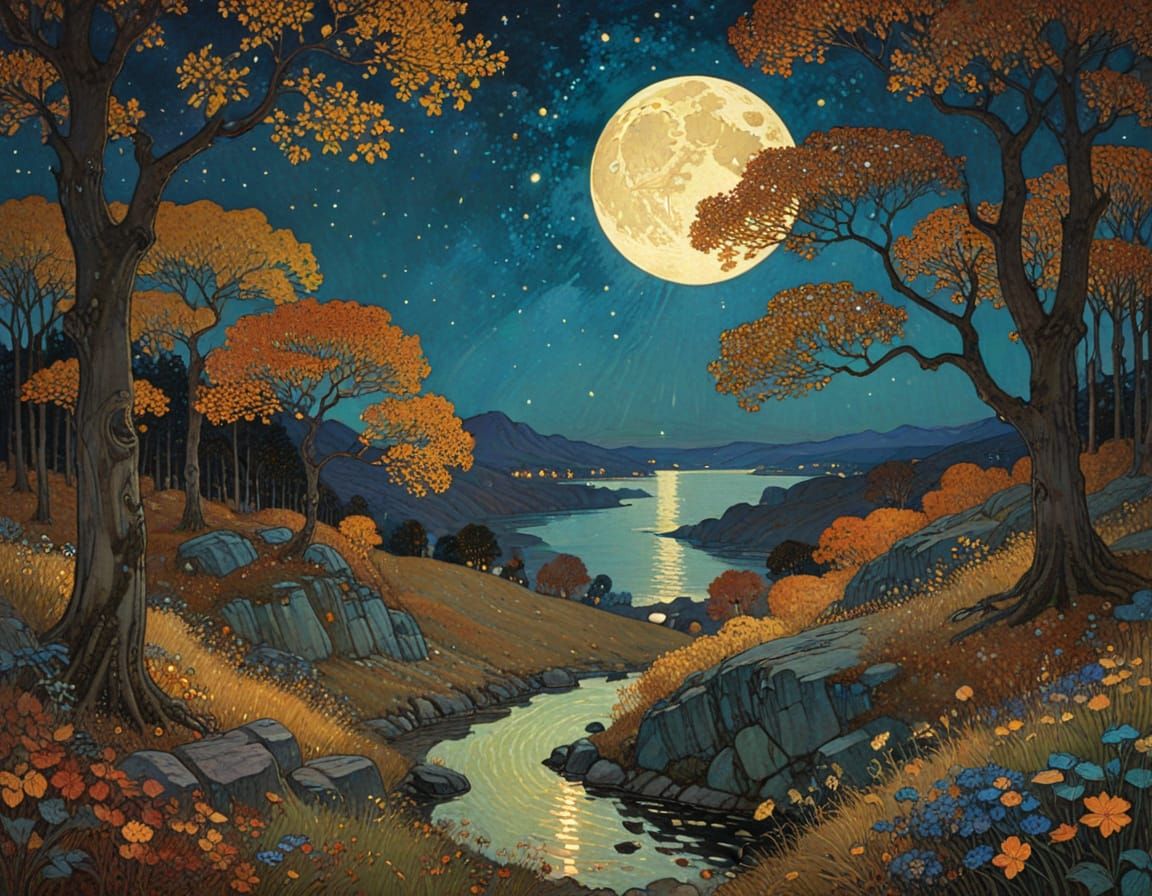 Autumn Night's Gentle Awakening in Opulent Artistic Style