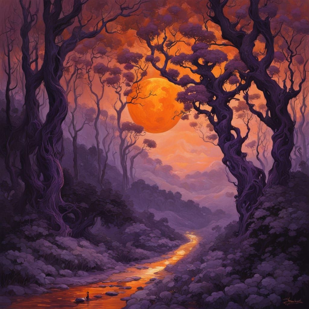 Ethereal Elven Wanderer on Moonlit Road in Vibrant Oil Paint...