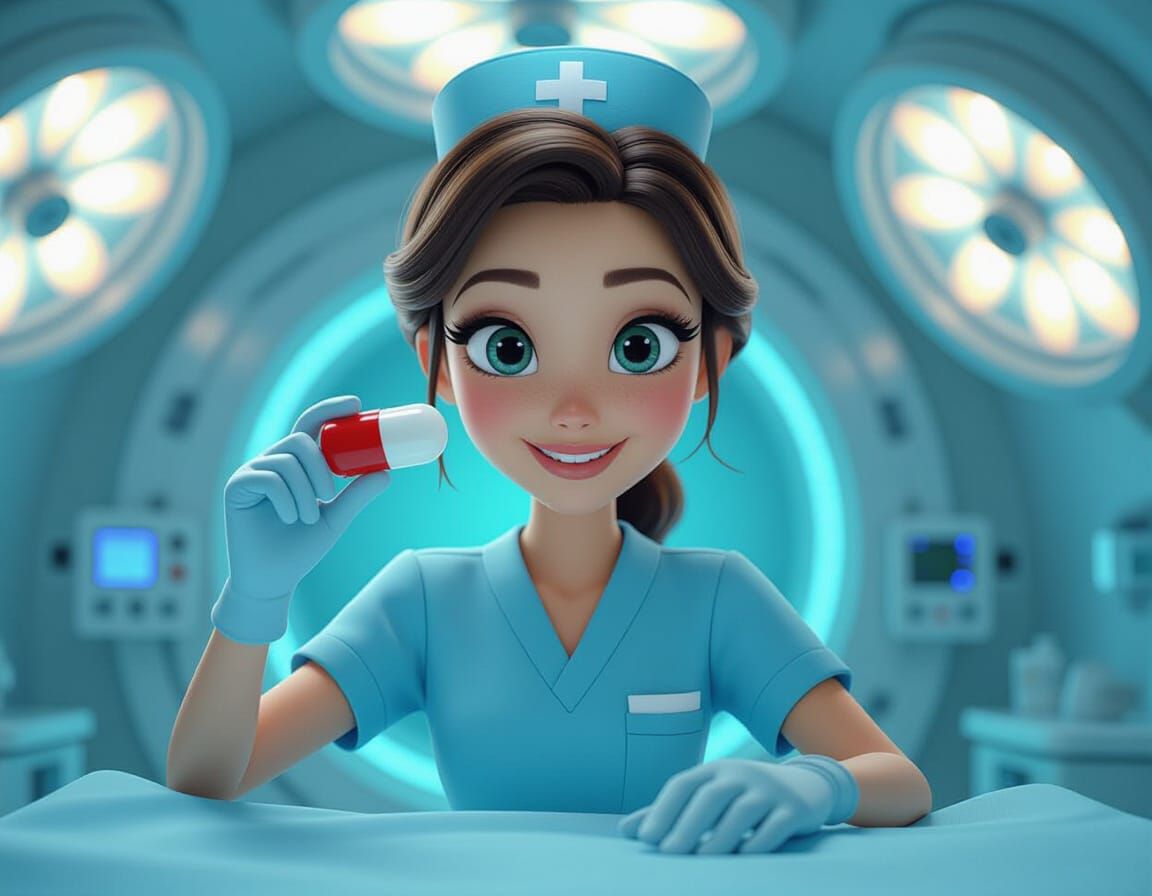 Cyberpunk Nurse with Giant Pill in Futuristic Theater