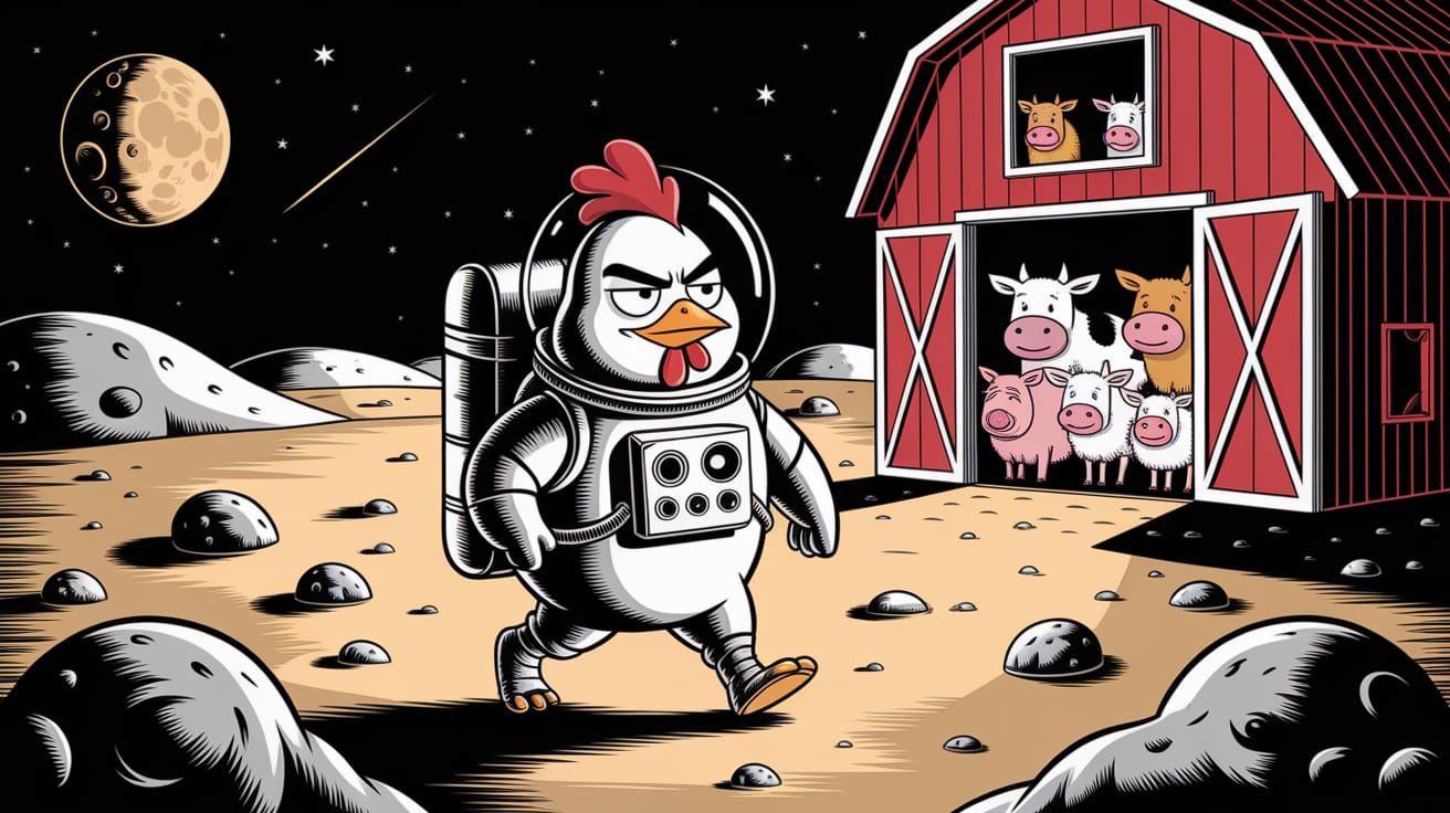 Grumpy Chicken Astronaut on the Moon