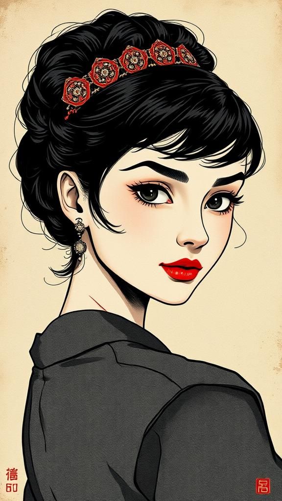 Audrey Hepburn Manga Portrait in Muzan-e Style