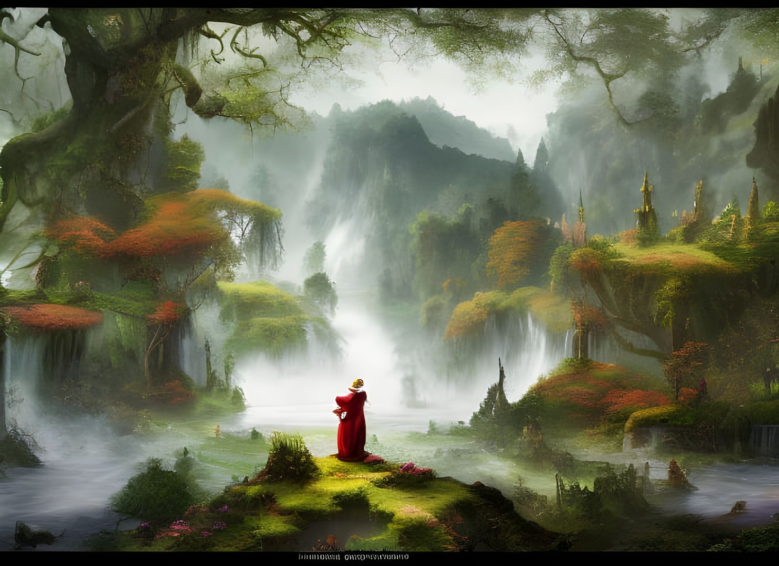 Lush Garden Scene with Large Non-Human Figure