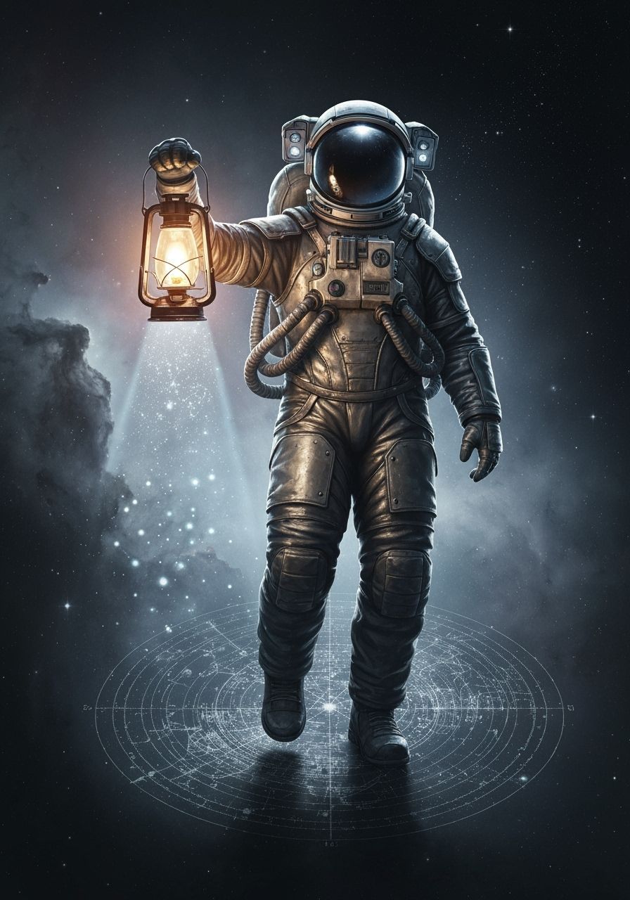 Astronaut Adrift in Nebula Holding Ethereal Lantern
