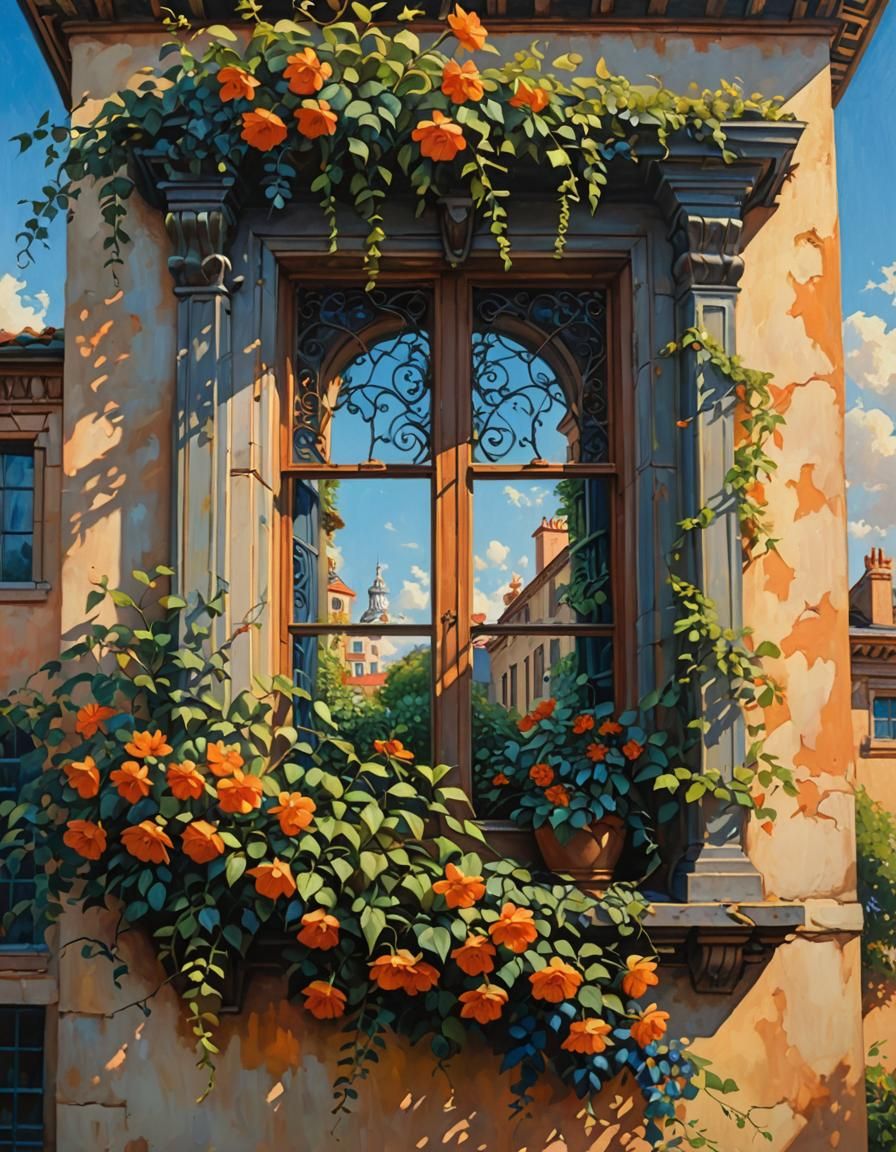 Rooftop Window Embraced by a Lush Garden in Oil