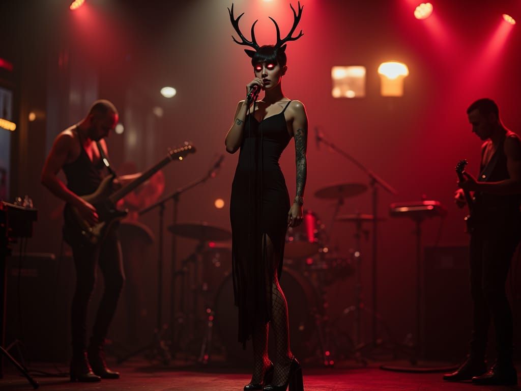 Cinematic Portrait of a Fiery Singer with Stag Antlers