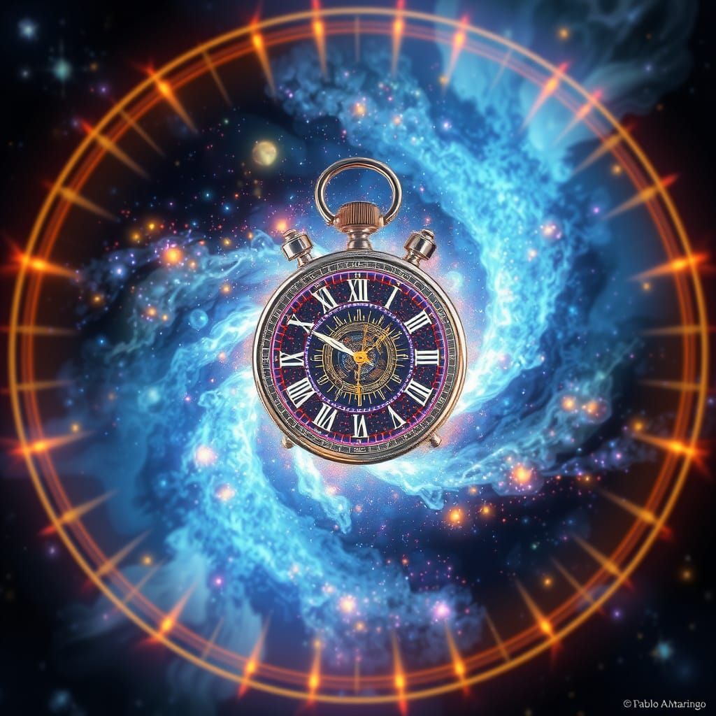 Cosmic Clockwork Illusion in Vibrant Holographic Style