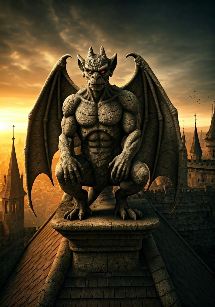 Majestic Gargoyle on Castle Roof at Dusk