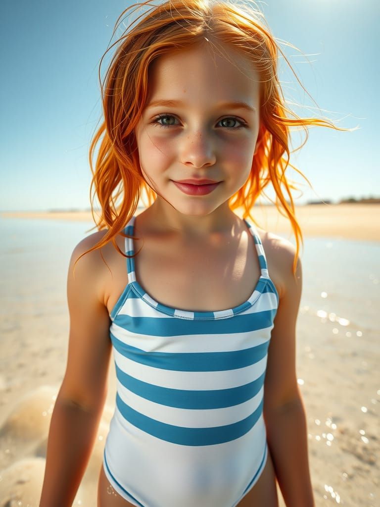 Girl with Red Hair on Sunny Beach
