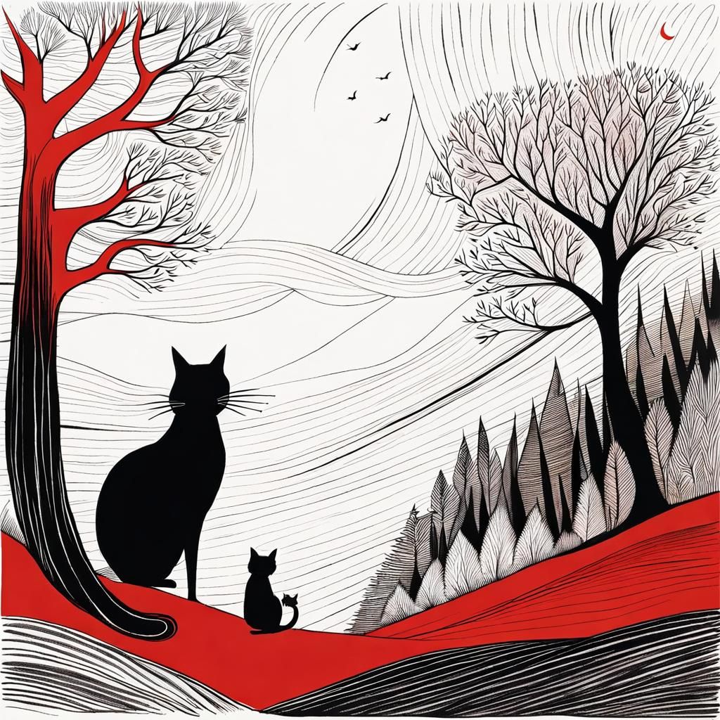 Witch and Cat Ink Sketch in Klee Style