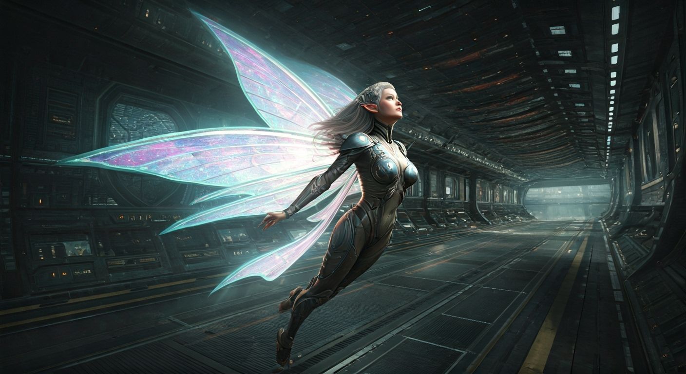 Cyborg Elf with Holographic Wings in Space Station