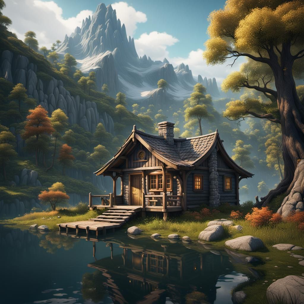 Tranquil Lake Cabin: Detailed Matte Painting