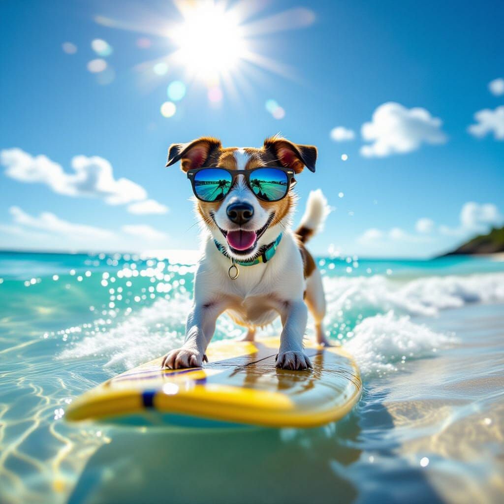 Joyful Jack Russell Surfs Tropical Beach