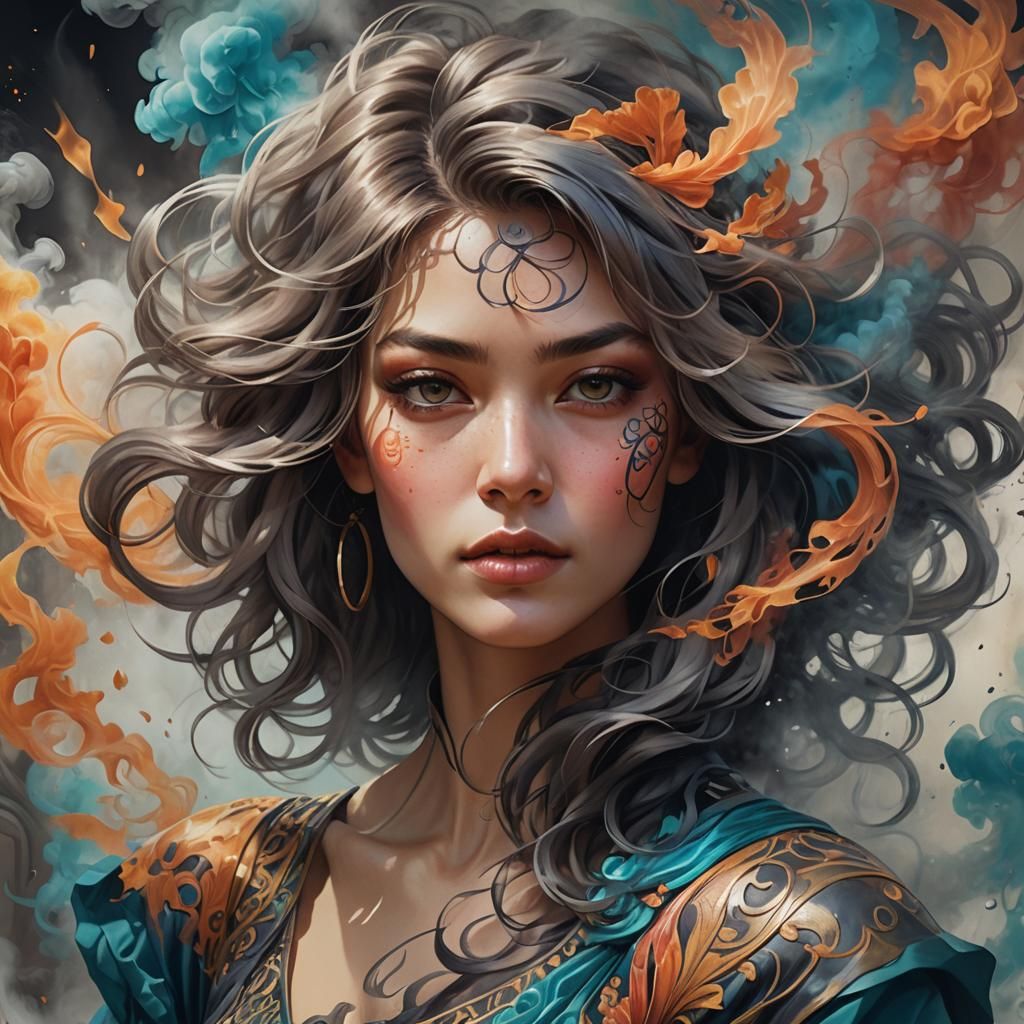 Smoky Woman Portrait in Art Nouveau Style