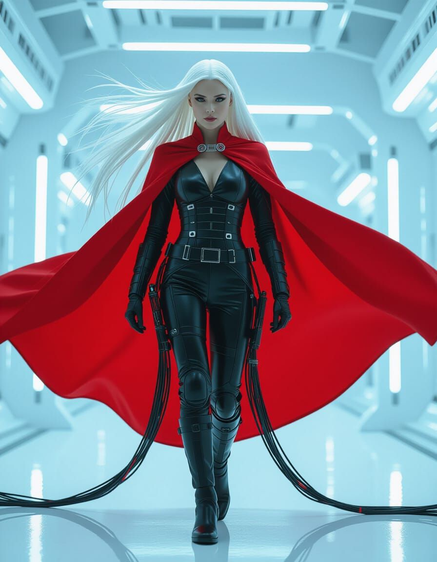 Cybernetic Woman with Red Cape in Futuristic Cityscape