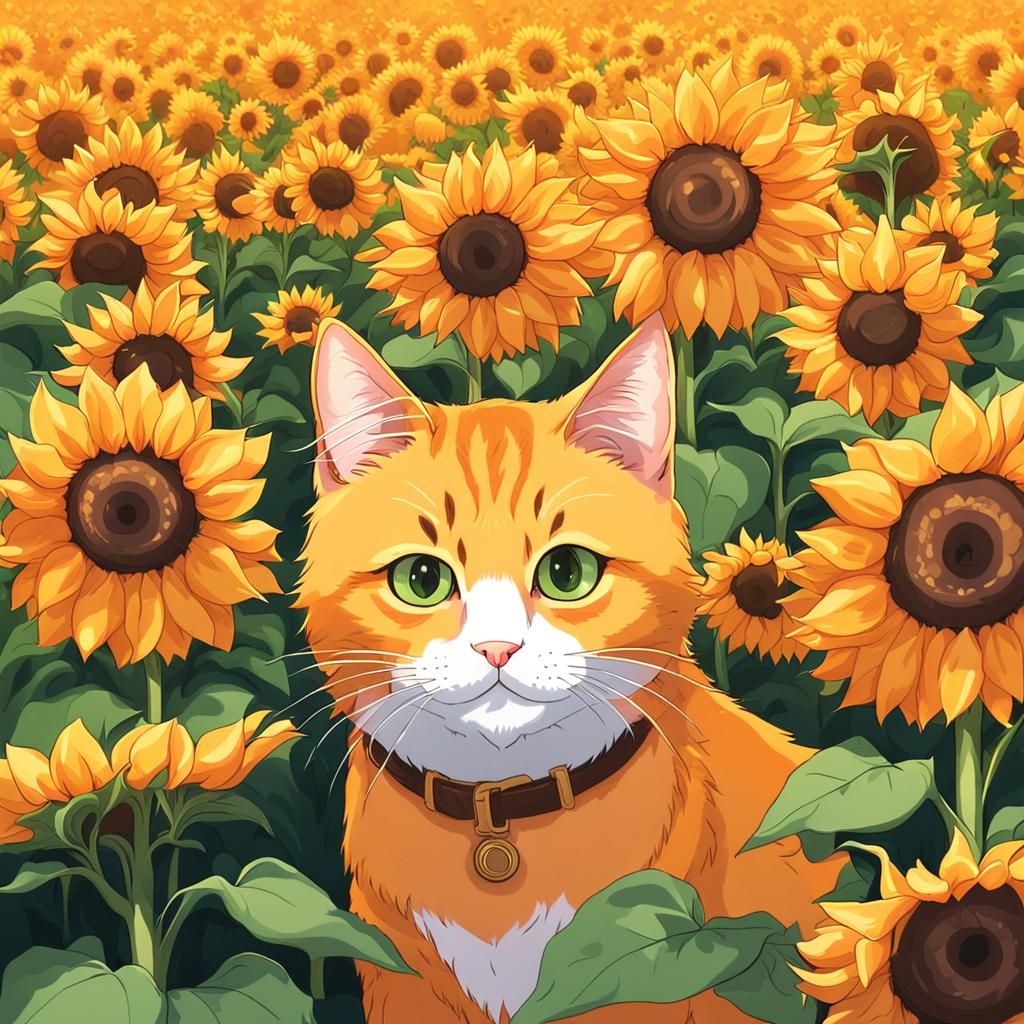Orange Cat Amongst Sunflowers in Anime Style