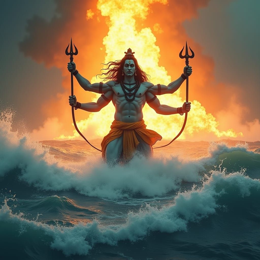 Wrathful Shiva Amidst Fiery Seas, Digital Matte Painting