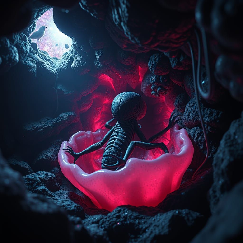 Alien Baneling Emerging from Dark, Glistening Cave