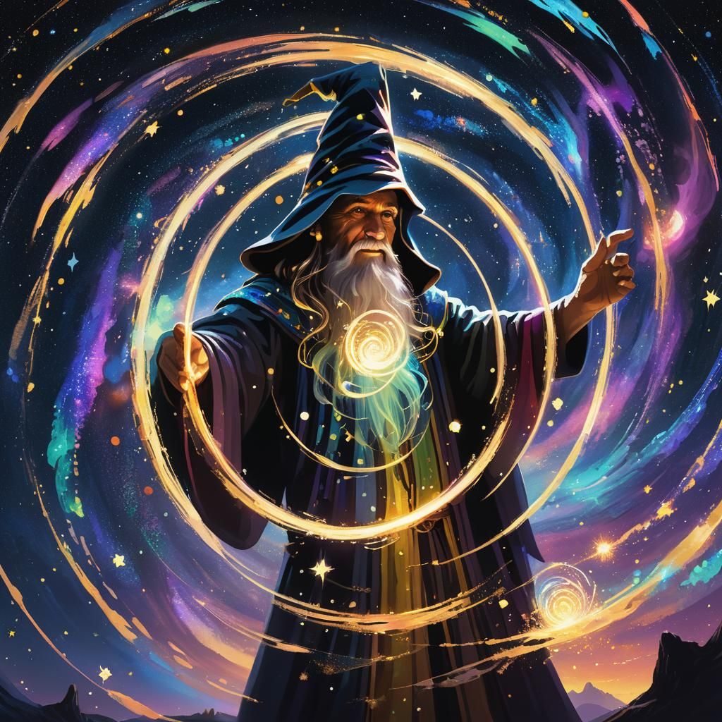 Wizard Creates Magical Circle in Starry Night Sky