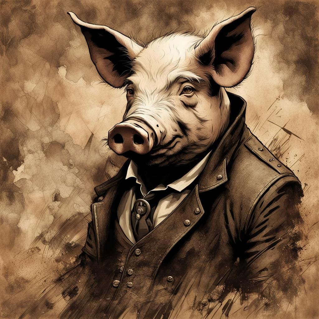 Monochrome Sepia Pig Portrait with Steampunk Elements