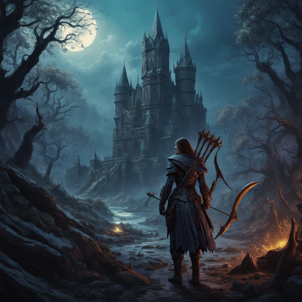 Female Monster Hunter in Dark Fantasy Forest