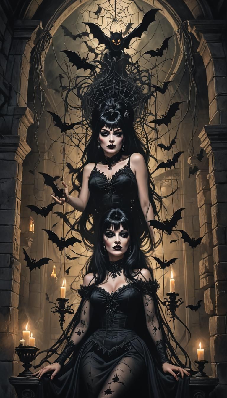 Elvira, Gothic Queen, Surrounded by Bats in Dark Fantasy