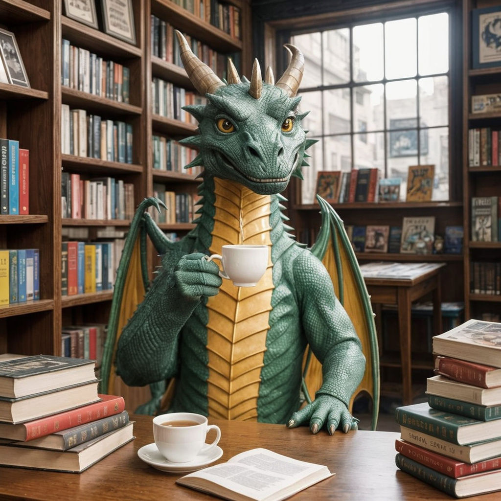 Dragon Sips Tea in a Cozy Bookstore