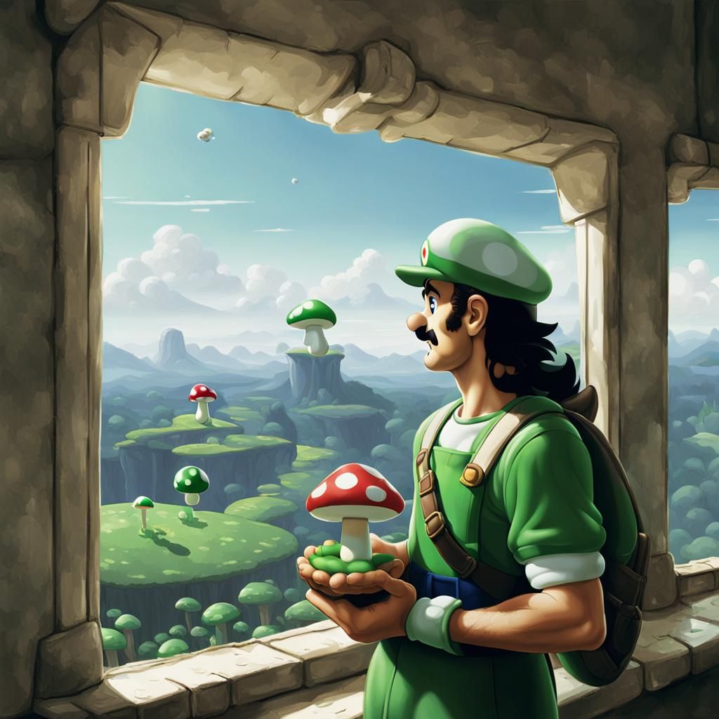 Luigi Gazing at the Mushroom Kingdom