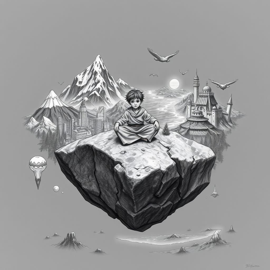 Boy in Serene, Grayscale Worldscape