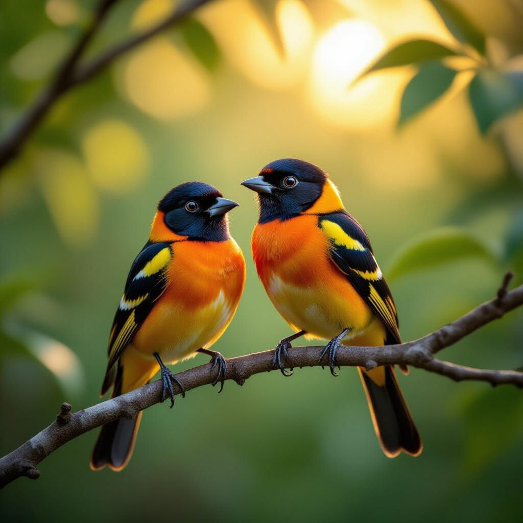 Orange-backed Troupials in Atmospheric Charcoal Style