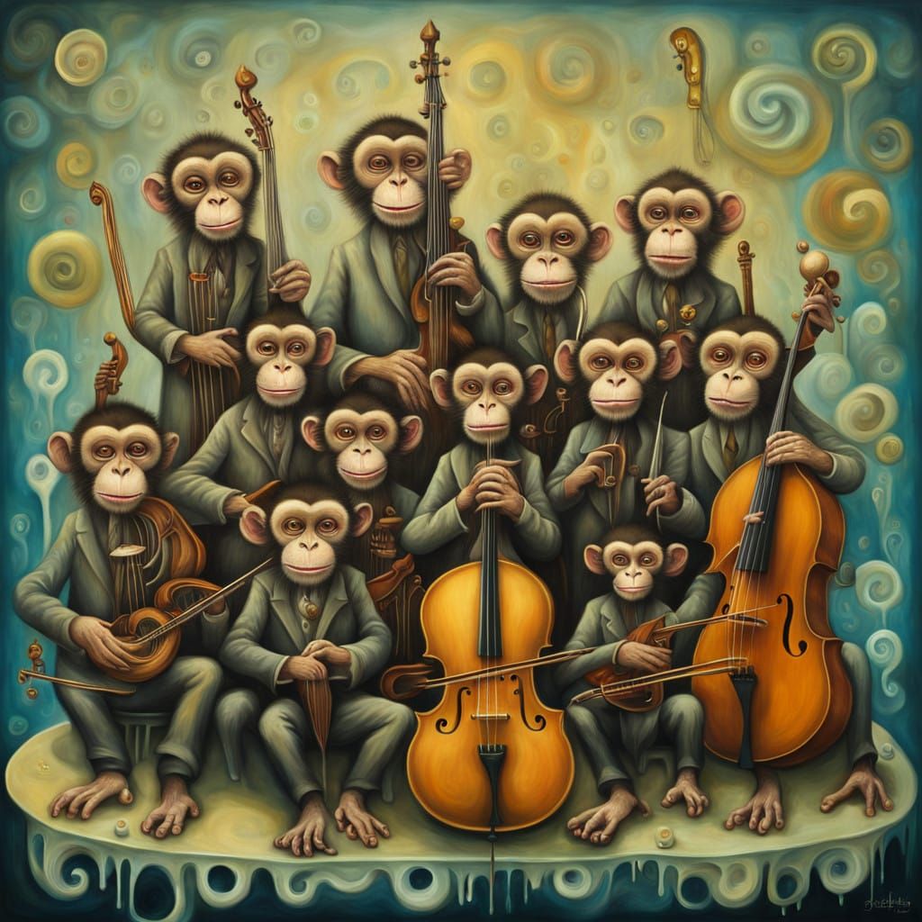 Fantastical Monkey Orchestra in Surrealist Oil Painting Styl...
