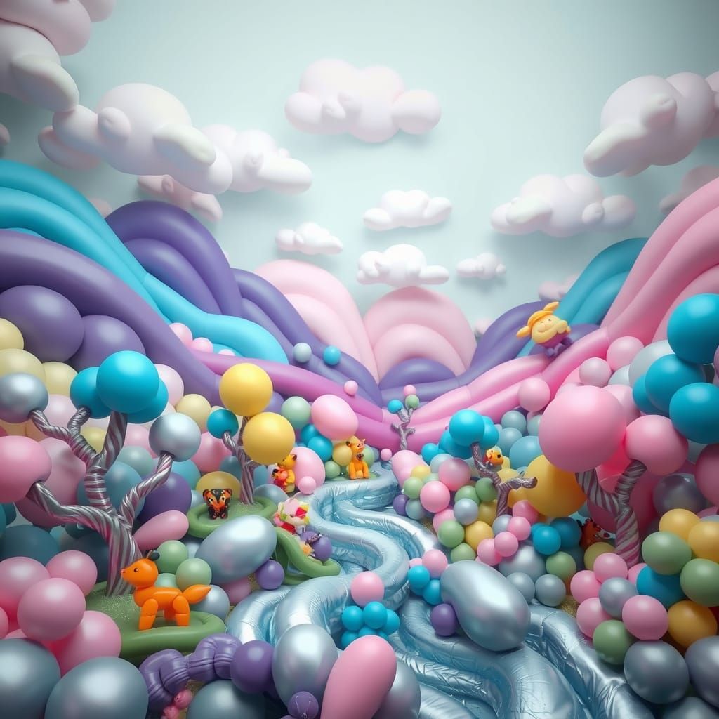 Surreal Balloon Landscape with Winding River