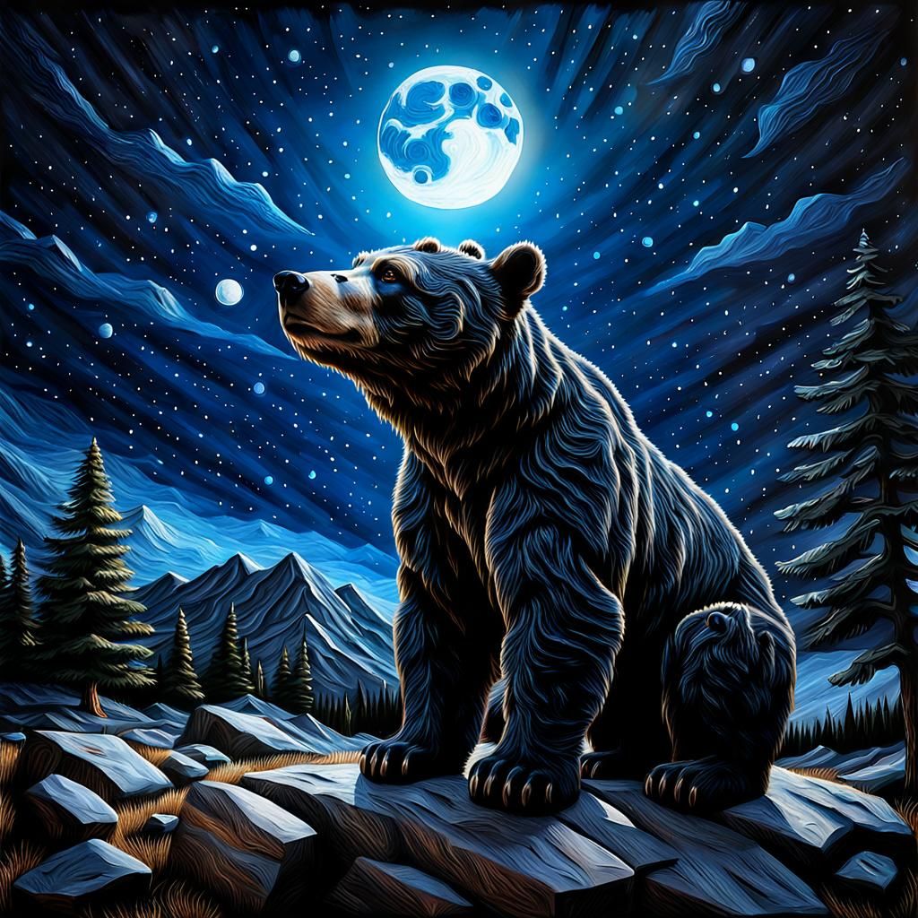 Bear Silhouetted Against Night Sky in Impasto Style