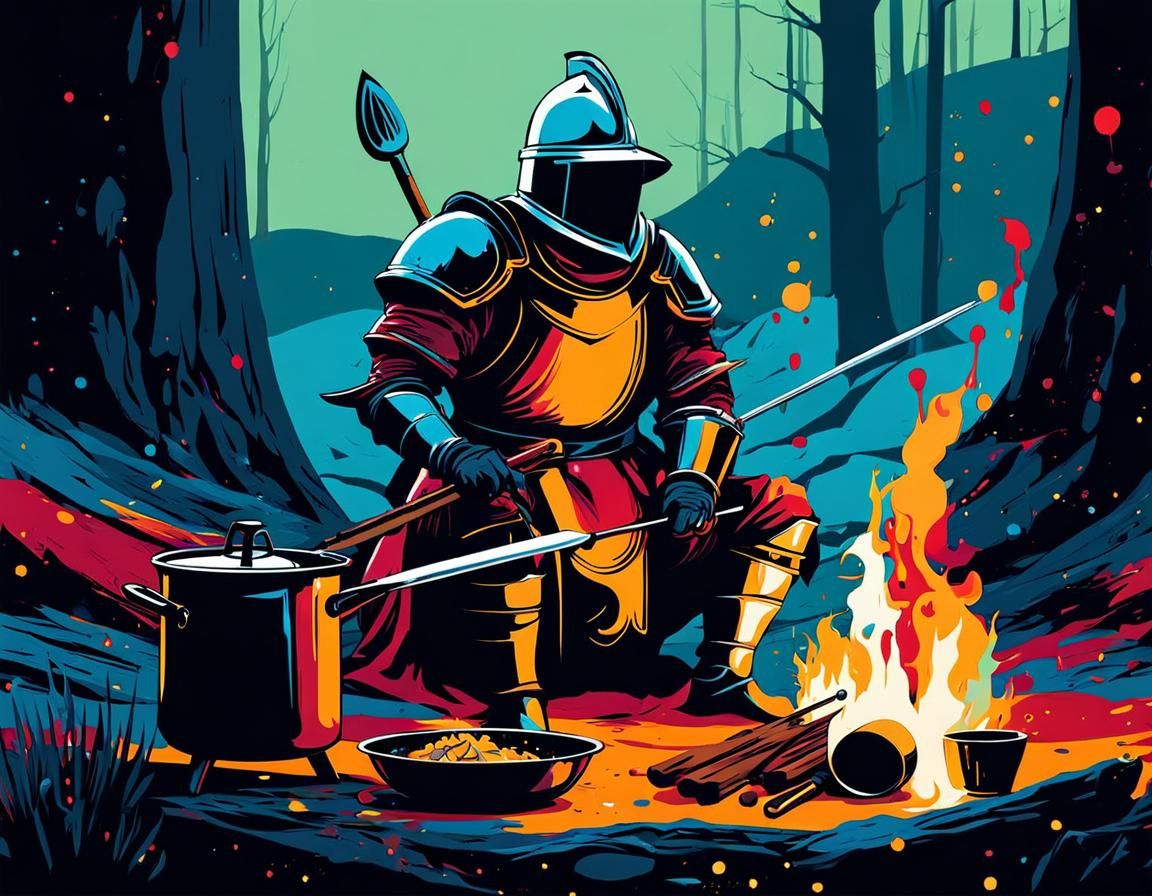 Knight Cooking Show in a Dungeon Campfire Scene