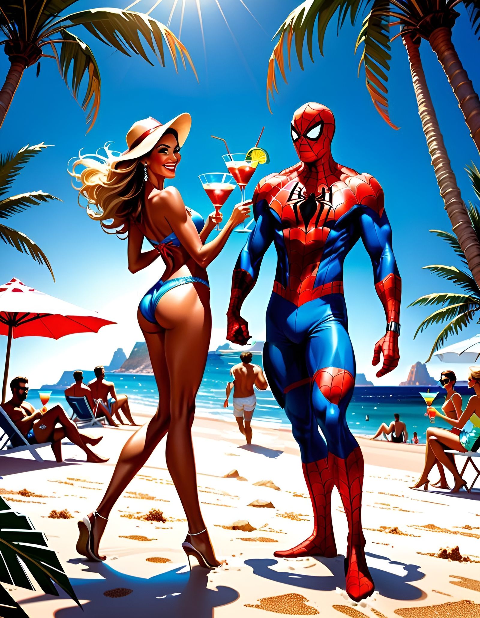 Spiderman on Ibiza Beach: Comic Book Style
