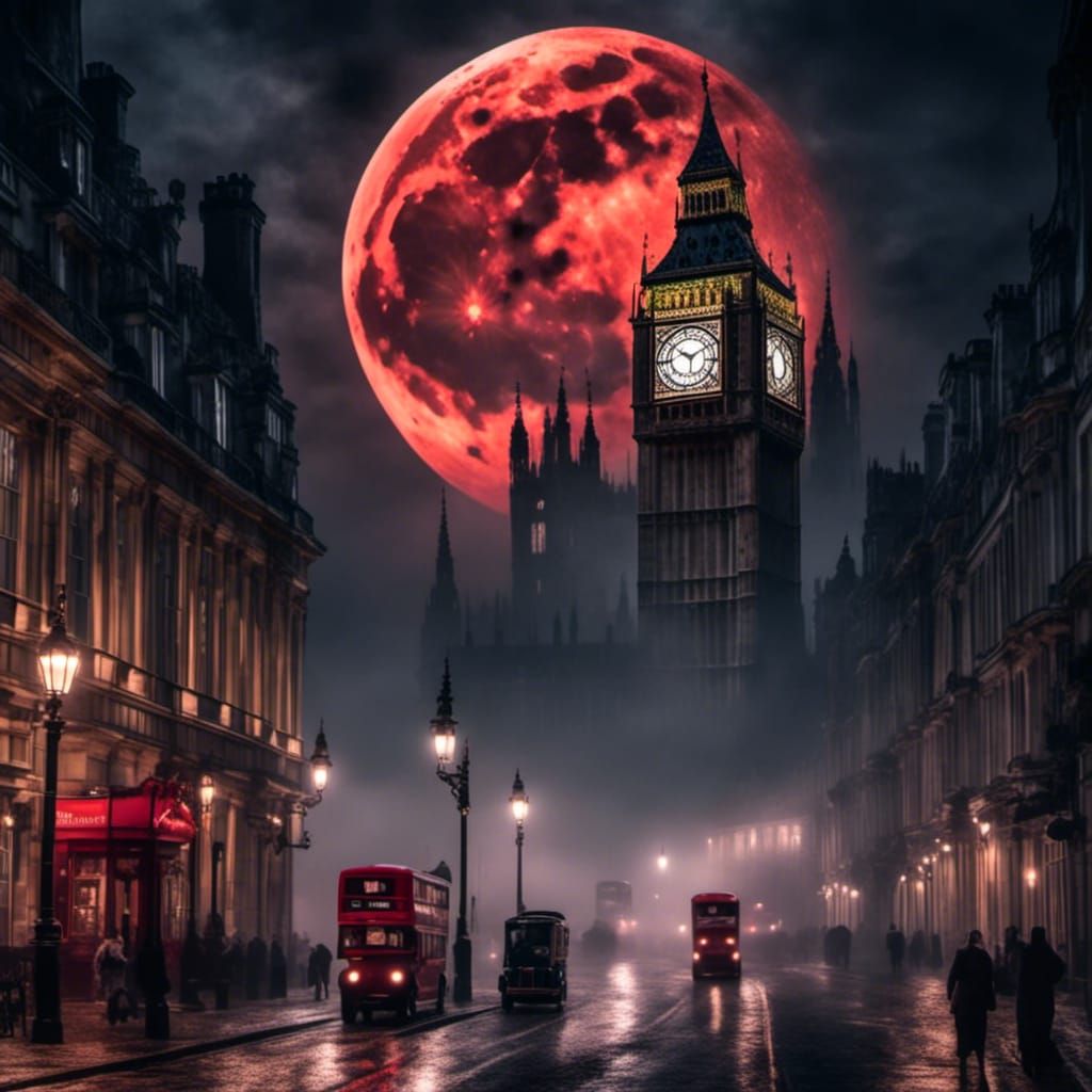 Foggy London Night with Blood Moon