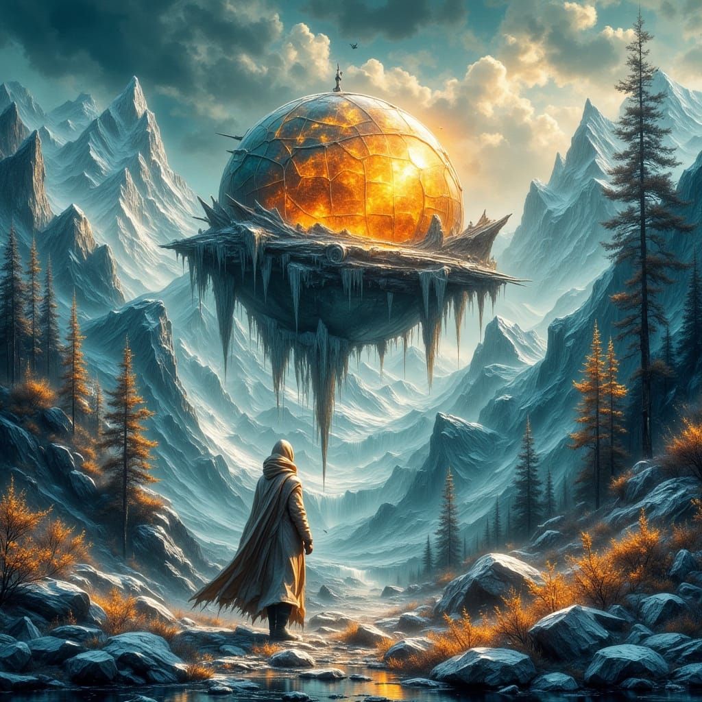 Floating Globe-Ship Over Snowy Peaks as Impasto Painting