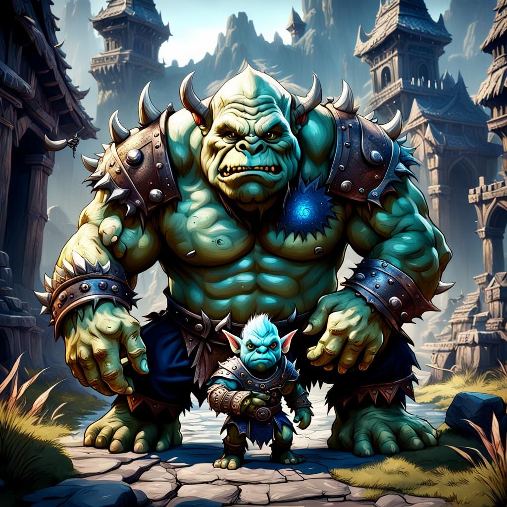 Ogre Warrior with Baby Monster, Fantasy Concept Art
