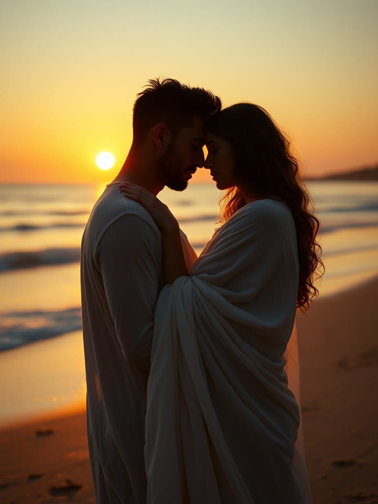 Emotional Couple on Beach in Ethereal Twilight