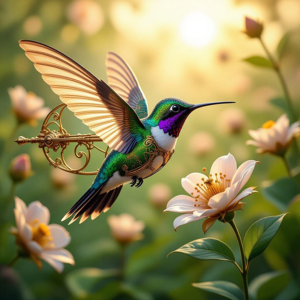 Steampunk Hummingbird Airship in Clockwork Garden