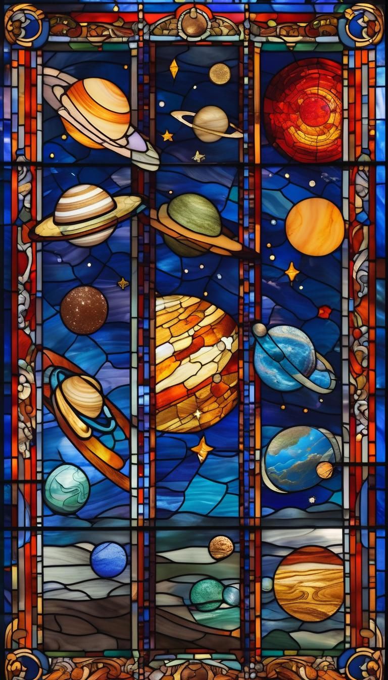 Celestial Stained Glass Window with Planets and Stars