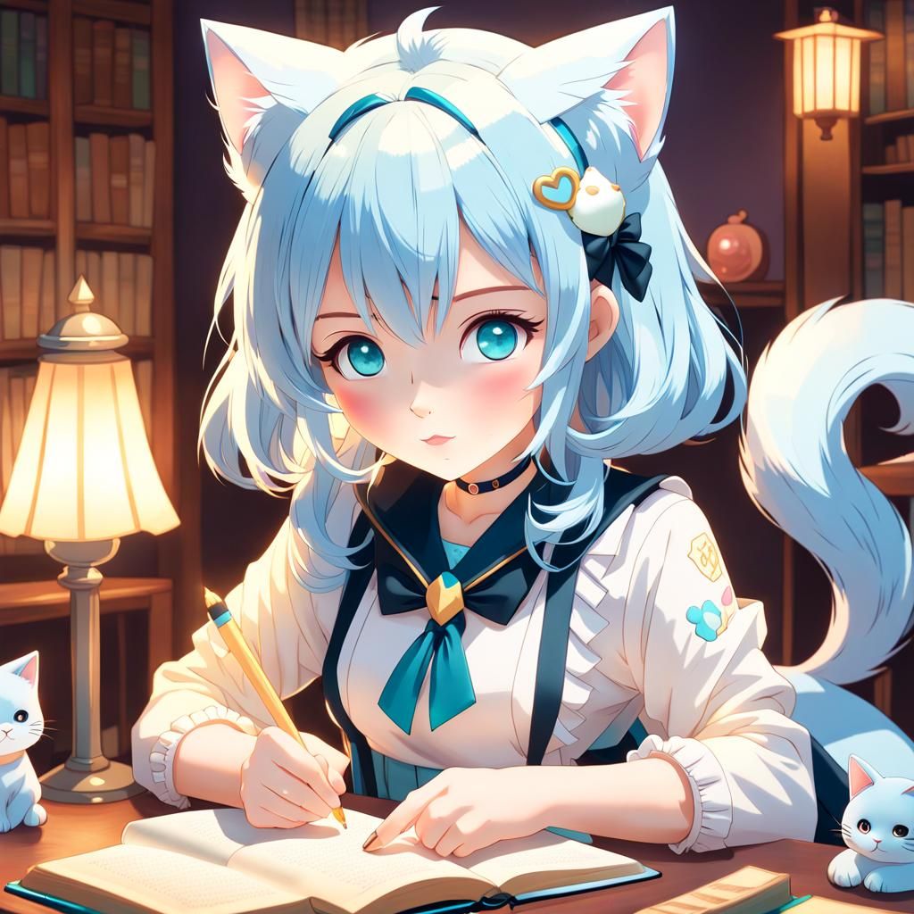 Anime Cat Girl Writes in Book: Moe Style Portrait