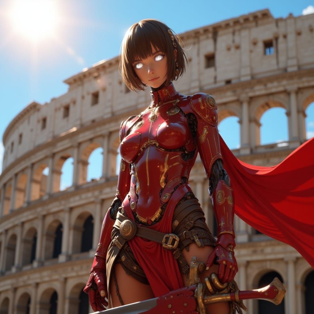Cyberpunk Roman Warrior Robot in Ancient Coliseum