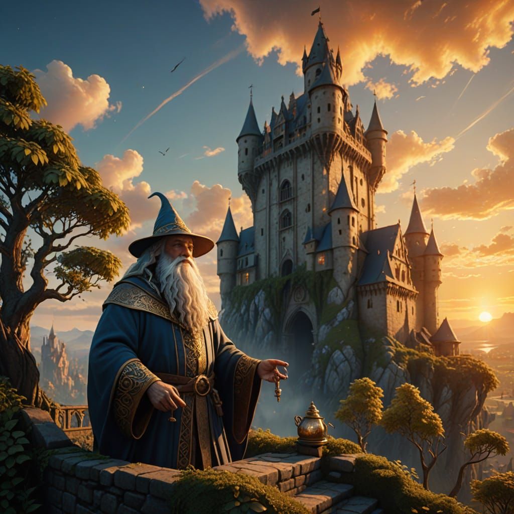 Ancient Wizard on a Medieval Tower in a Mystical Sunset