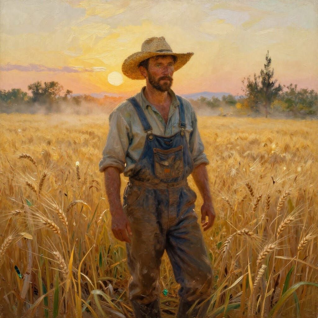 Farmer in Golden Wheat Field at Sunrise Oil Painting