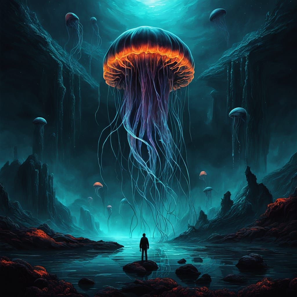 Bioluminescent Jellyfish in Dark Fantasy Alien Ocean