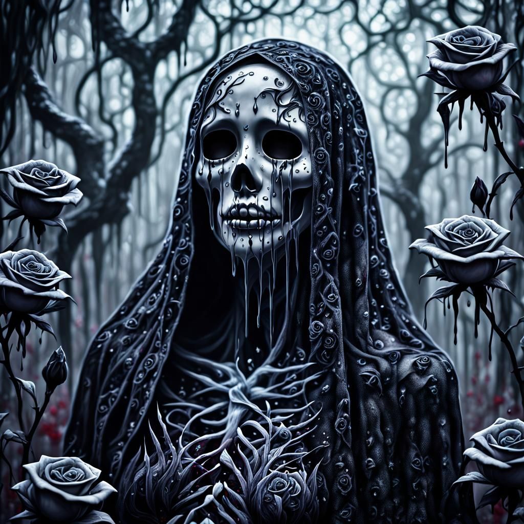 Ethereal Ghost Among Black Roses in Gothic Forest