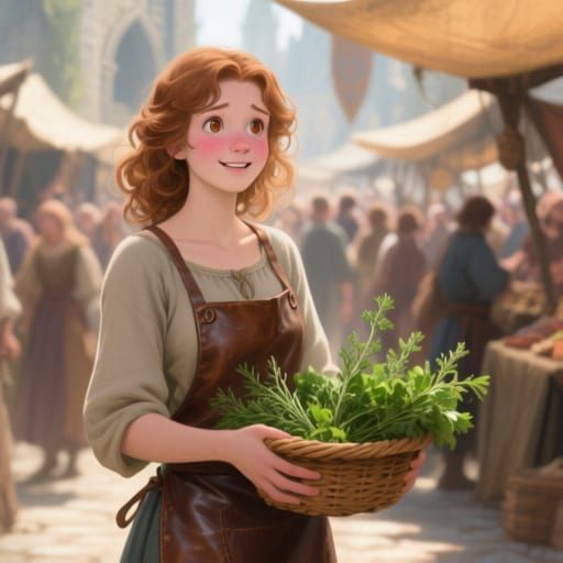 Young Woman in Medieval Marketplace, Fantasy Art