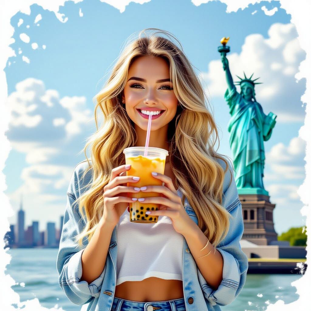 Smiling Woman with Statue of Liberty in Background